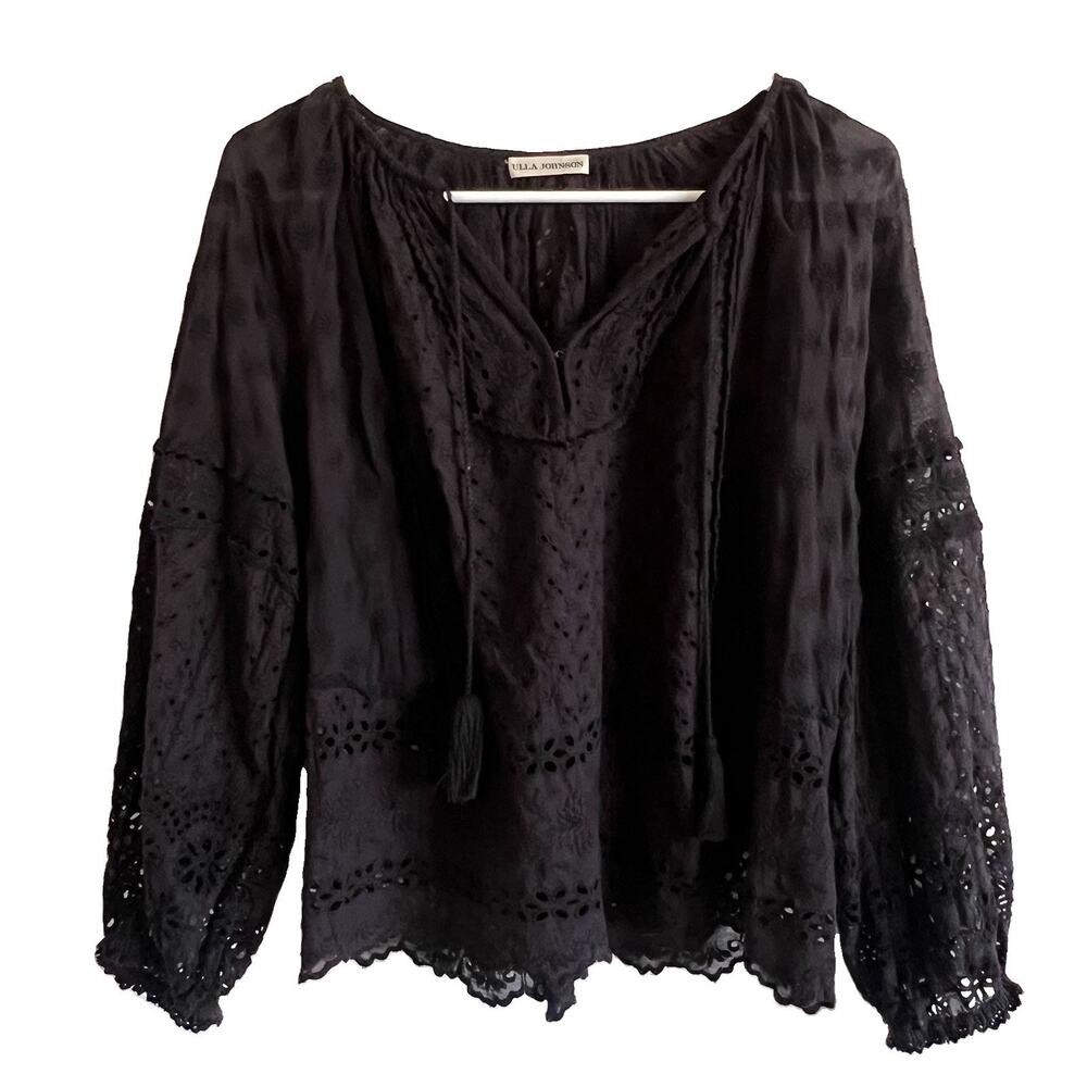 Ulla Johnson Top Women's 2 Black Cotton Eyelet Peasant Cottagecore Boho Af25